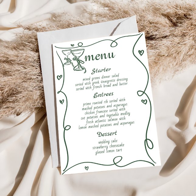 Whimsical Hand Drawn Champagne Wedding Menu Menükarte (Von Creator hochgeladen)