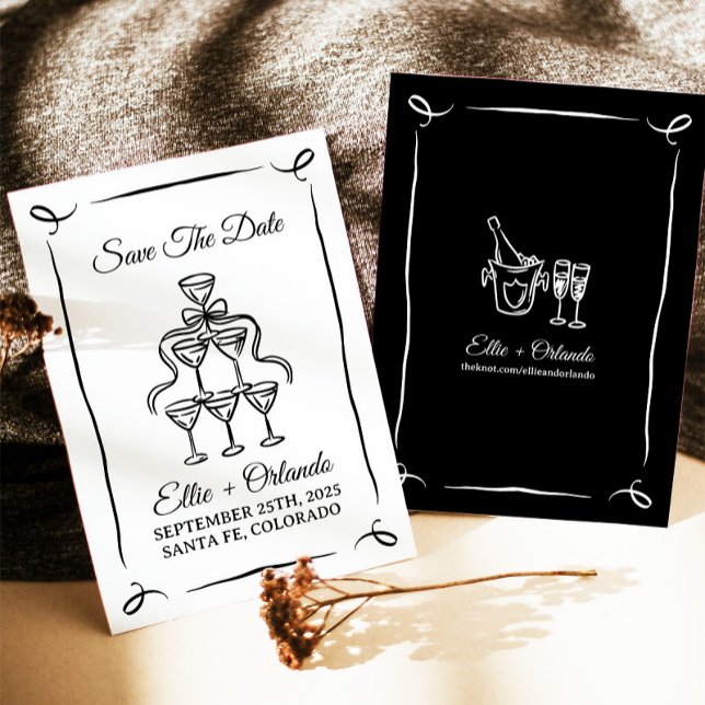 Whimsical Hand Drawn Champagner Tower Save the Dat Einladung (Von Creator hochgeladen)