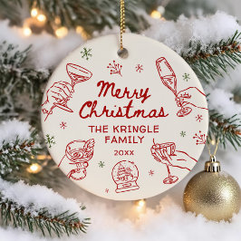 Whimsical Hand Drawn Christmas Party  Keramik Ornament