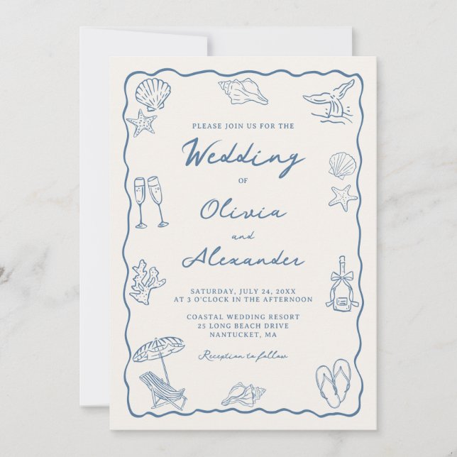 Whimsical Hand Drawn Coastal Beach Wedding Einladung (Vorderseite)