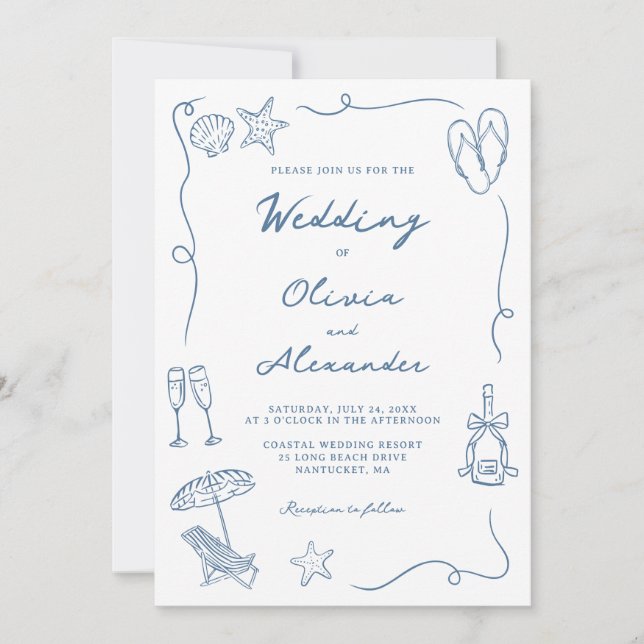 Whimsical Hand Drawn Coastal Blue Beach Wedding Einladung (Vorderseite)