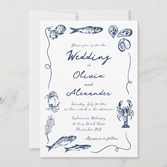 Whimsical Hand Drawn Coastal Navy Blue Wedding Einladung (Vorderseite)