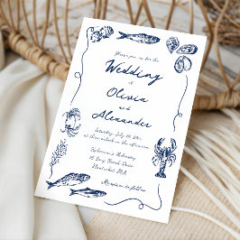 Whimsical Hand Drawn Coastal Navy Blue Wedding Einladung