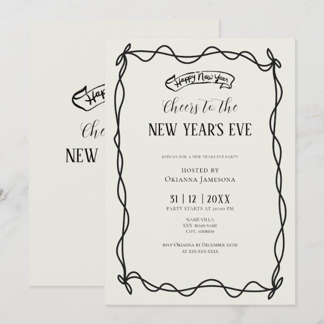 Whimsical Hand Drawn Coquette New Years Eve Party Einladung (Vorne/Hinten)