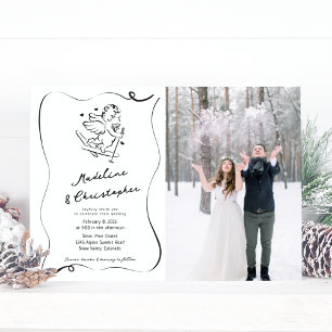Whimsical Hand Drawn Cupid Ski Foto Hochzeit Einladung
