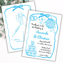 Whimsical Hand Drawn Doodle Blue Bow Wedding
