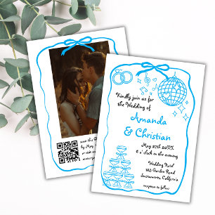 Whimsical Hand Drawn Doodle Blue Foto Hochzeit Einladung