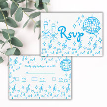 Whimsical Hand Drawn Doodle Blue Wedding RSVP