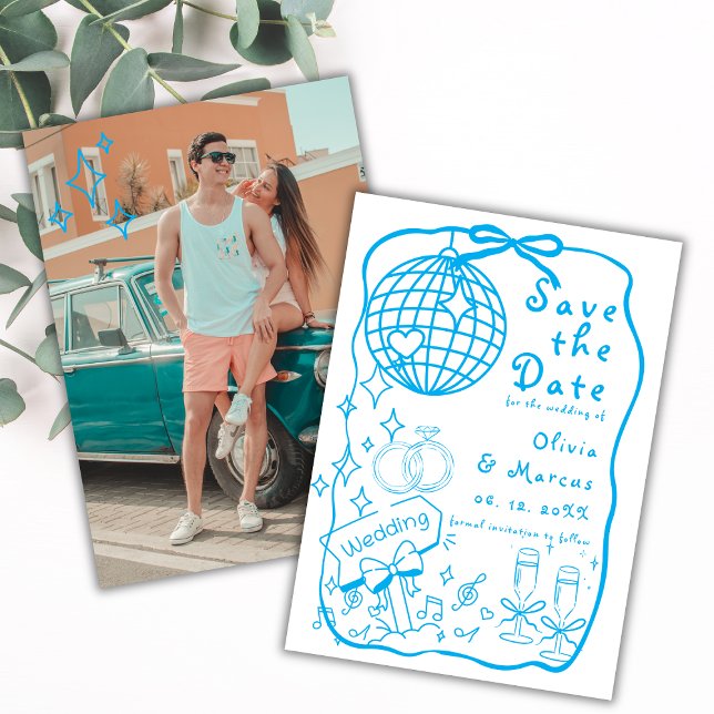 Whimsical Hand Drawn Doodle Blue Wedding Save The Date (Von Creator hochgeladen)