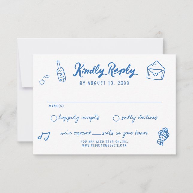 Whimsical Hand Drawn Doodles Französisch Stil Hoch RSVP Karte (Vorderseite)