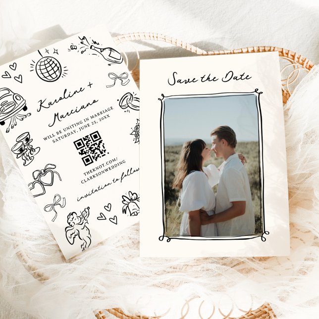Whimsical Hand Drawn Doodles Save the Date QR-Code Einladung (Von Creator hochgeladen)
