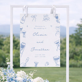 Whimsical Hand Drawn Dusty Blue Wedding Willkommen