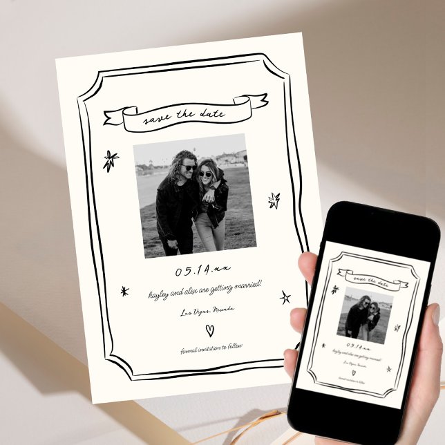 Whimsical Hand Drawn Einzigartiges HochzeitsFoto Save The Date (Von Creator hochgeladen)