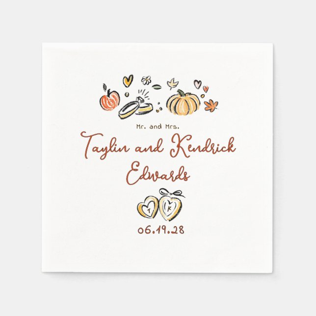 Whimsical Hand Drawn Fall Love Wedding Napkins Serviette (Vorderseite)