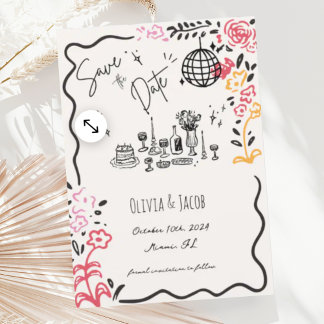Whimsical Hand Drawn Floral Scribble Wavy Hochzeit Einladung