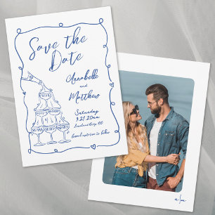 Whimsical Hand Drawn Foto Blue Wedding Save The Date