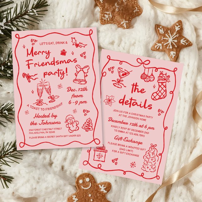Whimsical Hand Drawn Friendsmas Christmas Party Einladung (Von Creator hochgeladen)