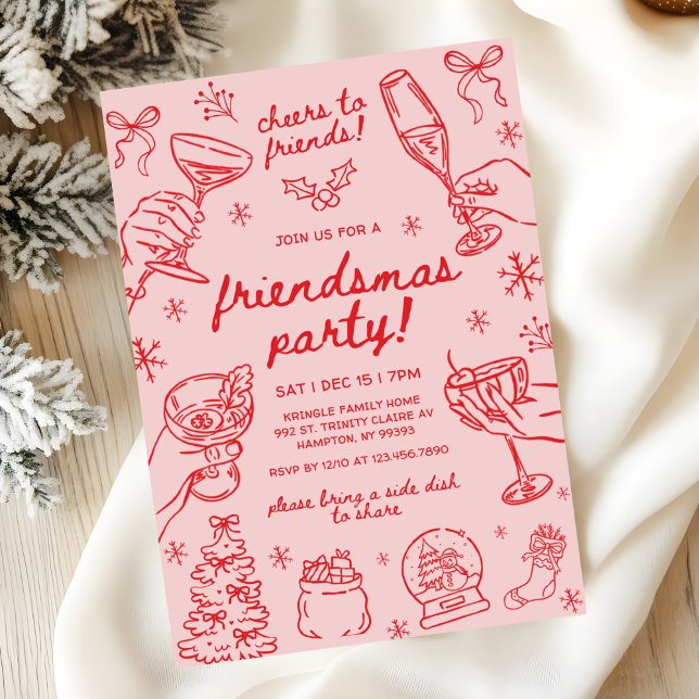 Whimsical Hand Drawn Friendsmas Christmas Party Einladung (Von Creator hochgeladen)