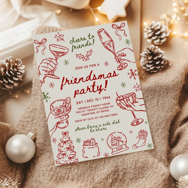 Whimsical Hand Drawn Friendsmas Christmas Party Einladung (Von Creator hochgeladen)