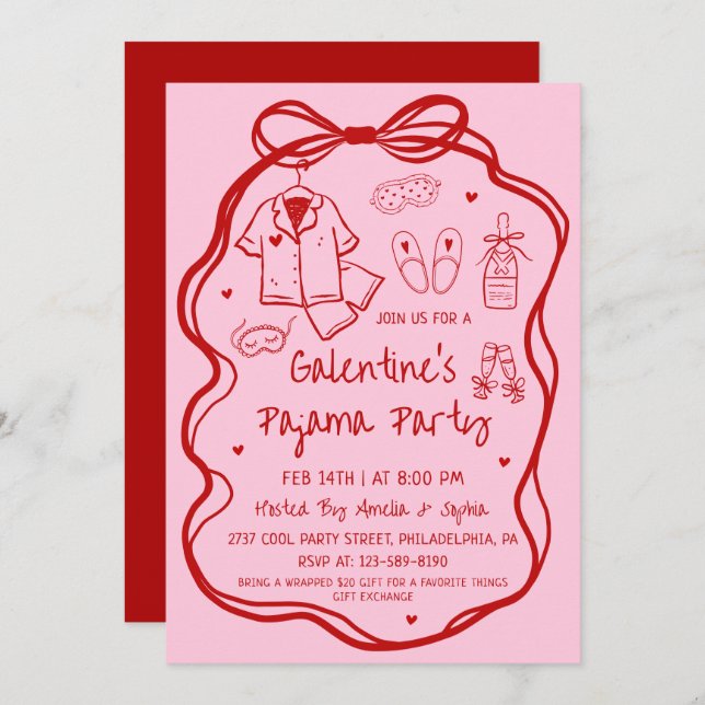 Whimsical Hand Drawn Galentine's Pajama Party  Einladung (Vorne/Hinten)