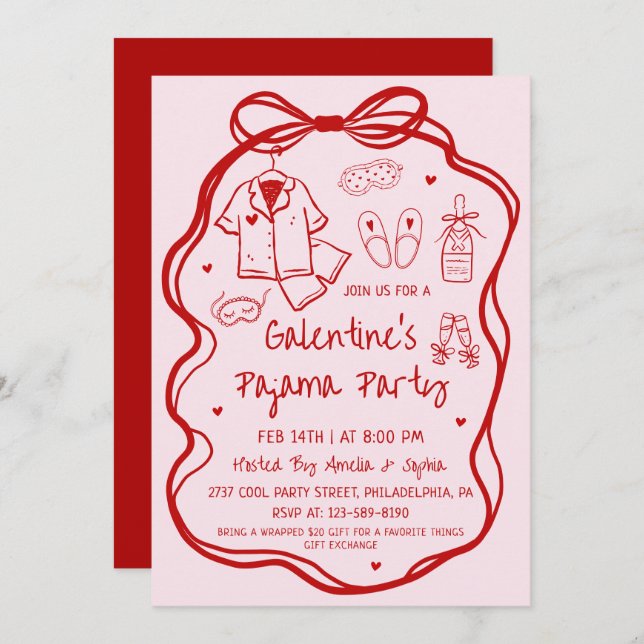 Whimsical Hand Drawn Galentine's Pajama Party  Einladung (Vorne/Hinten)