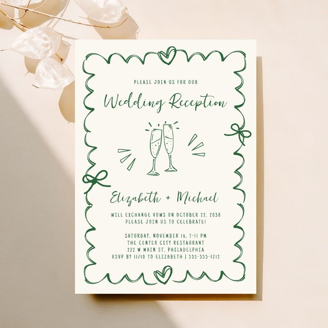 Whimsical Hand Drawn Green Cream Hochzeitsempfang Einladung (Fun reception invitation featuring whimsical hand drawn champagne glasses, hearts + coquette bows)