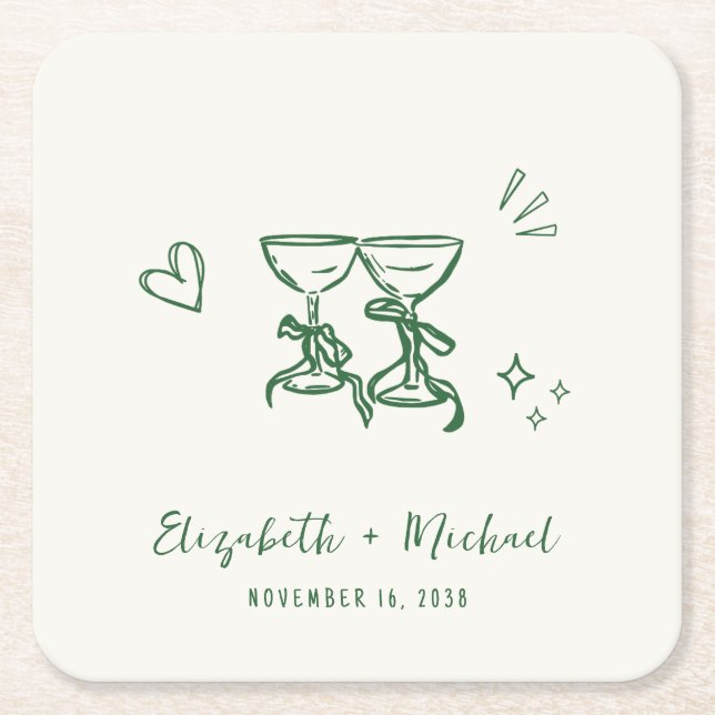 Whimsical Hand Drawn Green Cream Wedding Rechteckiger Pappuntersetzer (Vorderseite)