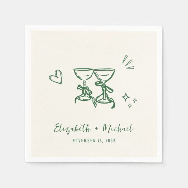 Whimsical Hand Drawn Green Cream Wedding Serviette (Vorderseite)