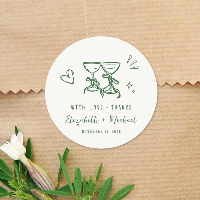 Whimsical Hand Drawn Green Cream Wedding Thank You Runder Aufkleber (Whimsical Hand Drawn Green Cream Wedding Thank You Classic Round Sticker)