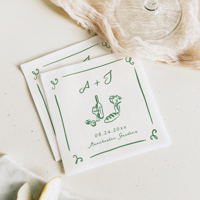 Whimsical Hand Drawn Green Food & Wine Wedding Serviette (Von Creator hochgeladen)