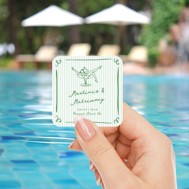 Whimsical Hand Drawn Green Martinis & Matrimone Quadratischer Aufkleber (Von Creator hochgeladen)