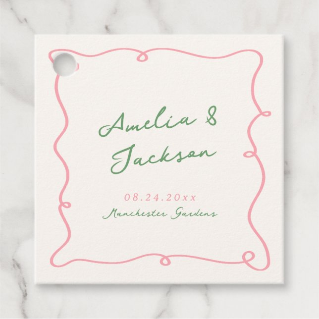 Whimsical Hand Drawn Green & Pink Hochzeit Napkins Geschenkanhänger (Vorderseite)