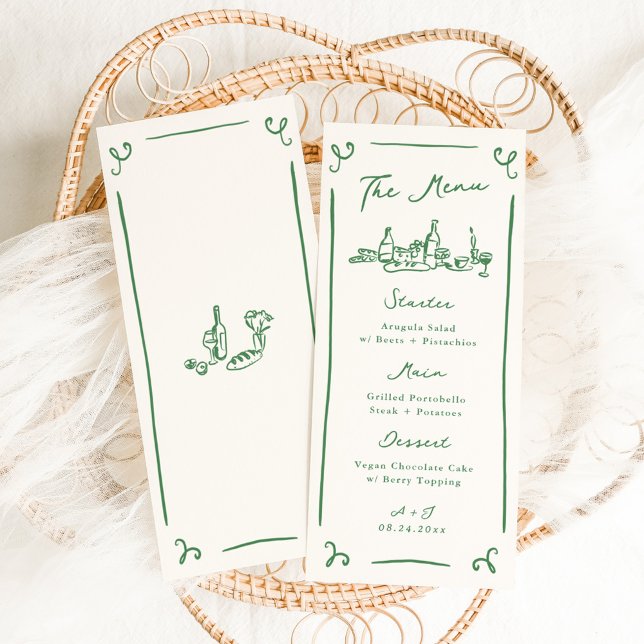 Whimsical Hand Drawn Green Wedding Menu Menükarte (Von Creator hochgeladen)