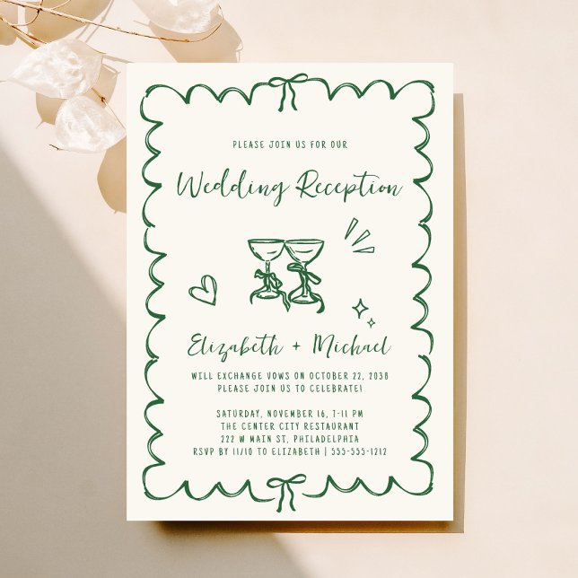 Whimsical Hand Drawn Green Wedding Reception Einladung (Fun reception invitation featuring whimsical hand drawn wine glasses with hearts + coquette bows)