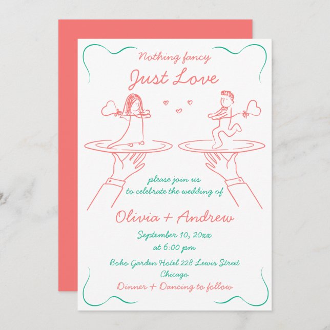 Whimsical Hand Drawn handgeschriebene Quirky Weddi Einladung (Vorne/Hinten)