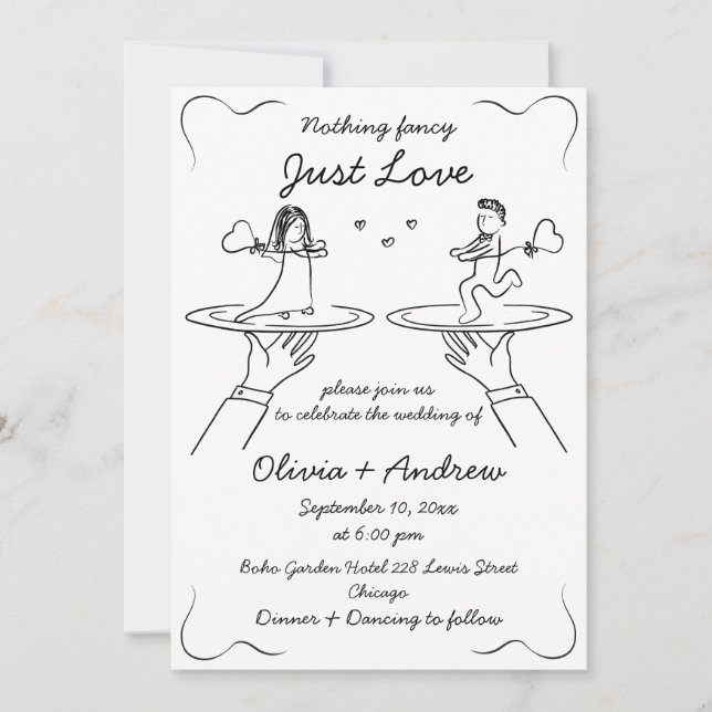 Whimsical Hand Drawn handgeschriebene Quirky Weddi Einladung (Vorderseite)