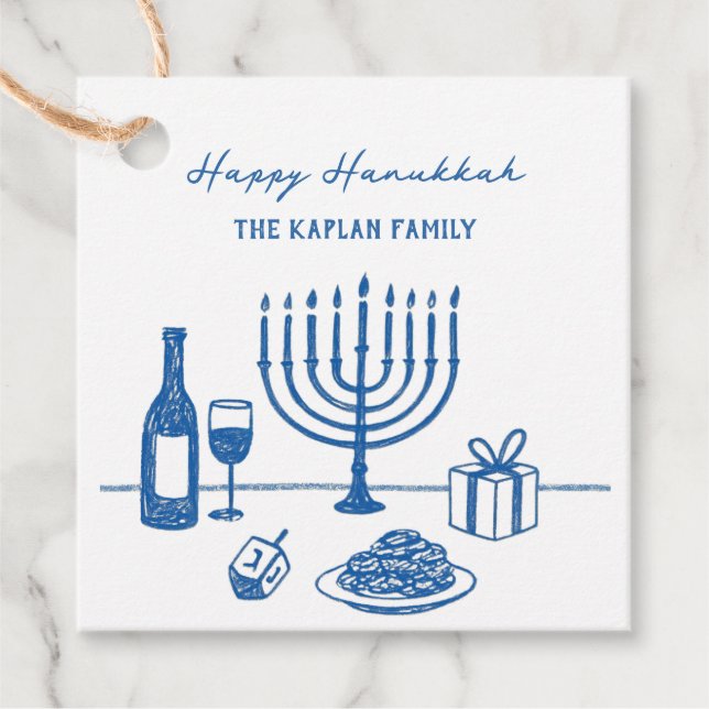 Whimsical Hand Drawn Hanukkah Party Trendy Custom Geschenkanhänger (Vorderseite)