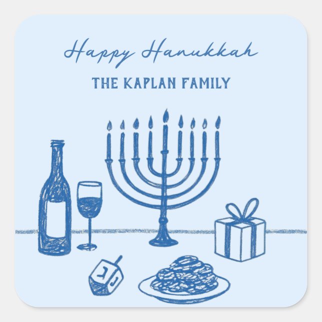 Whimsical Hand Drawn Hanukkah Party Trendy Custom Quadratischer Aufkleber (Vorderseite)