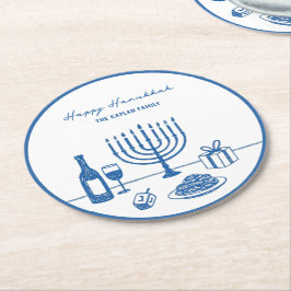 Whimsical Hand Drawn Hanukkah Party Trendy Custom Runder Pappuntersetzer