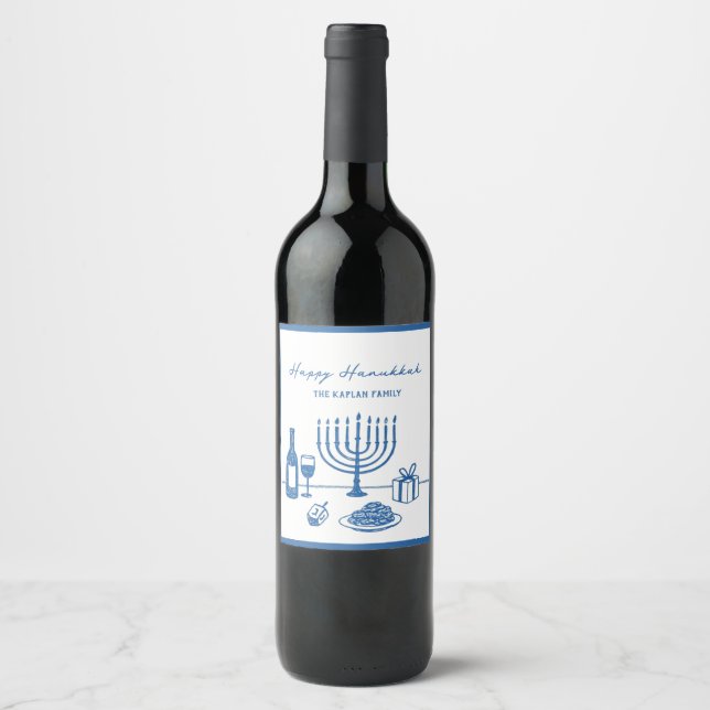 Whimsical Hand Drawn Hanukkah Party Trendy Custom Weinetikett (Vorderseite)