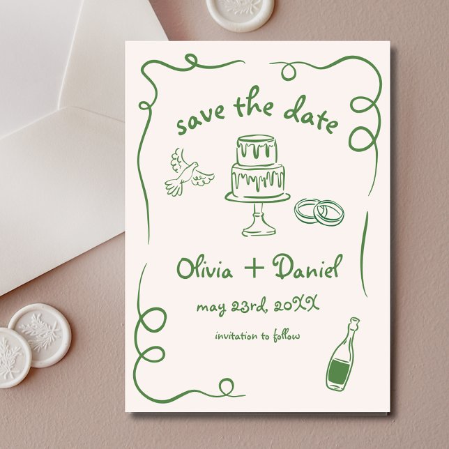 Whimsical Hand Drawn Hochzeit Französisch Grün Save The Date (Von Creator hochgeladen)