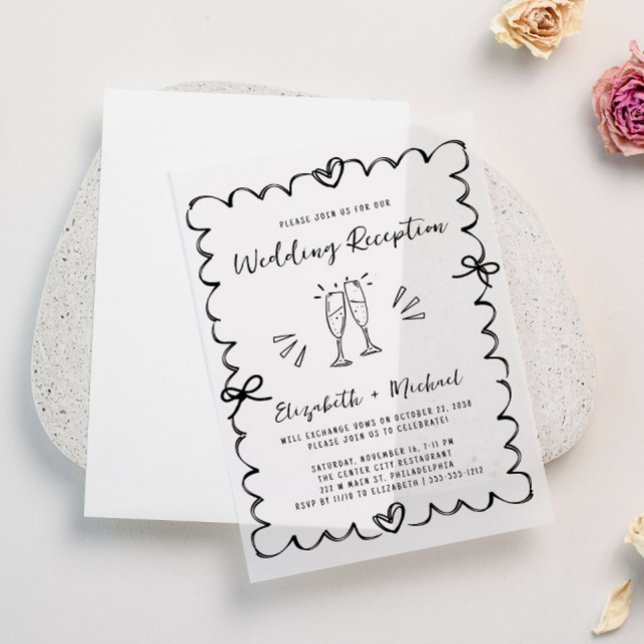 Whimsical Hand Drawn Hochzeitsempfang (Elevate your wedding reception invitations with the timeless beauty of vellum overlays)