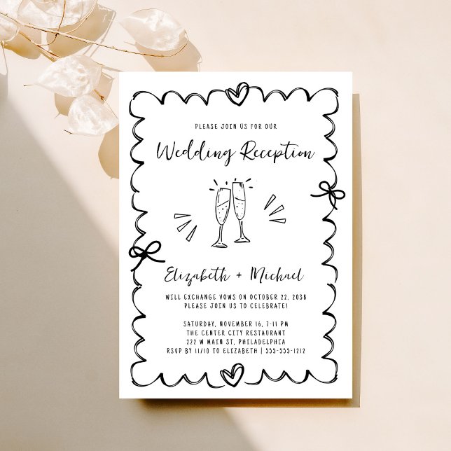 Whimsical Hand Drawn Hochzeitsempfang Einladung (Fun reception invitation featuring whimsical hand drawn champagne glasses, hearts + coquette bows)