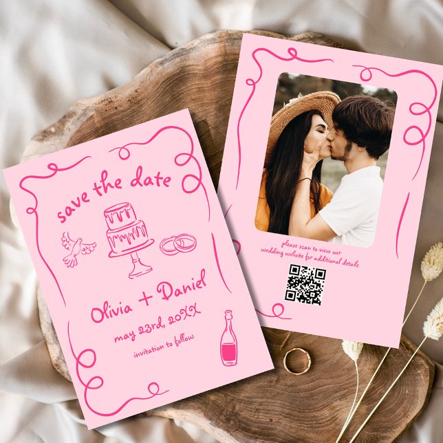 Whimsical Hand Drawn Hot Pink Wedding Foto Save The Date (Von Creator hochgeladen)