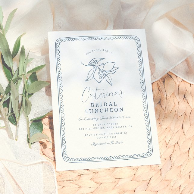 Whimsical Hand Drawn Lemon | Blaues Brautparty Einladung (Von Creator hochgeladen)