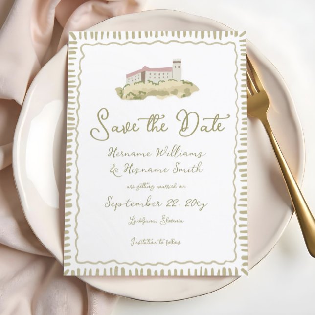 Whimsical Hand Drawn Ljubljana Burg Europa Save The Date (Von Creator hochgeladen)