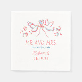 Whimsical Hand Drawn Love Birds Wedding Napkins Serviette