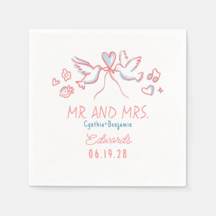 Whimsical Hand Drawn Love Birds Wedding Napkins Serviette