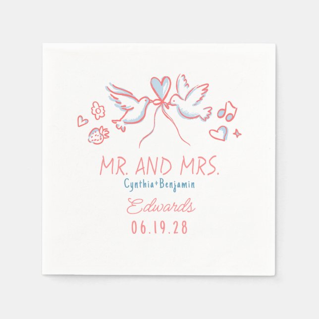 Whimsical Hand Drawn Love Birds Wedding Napkins Serviette (Vorderseite)