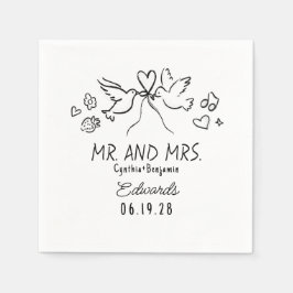 Whimsical Hand Drawn Love Birds Wedding Napkins Serviette